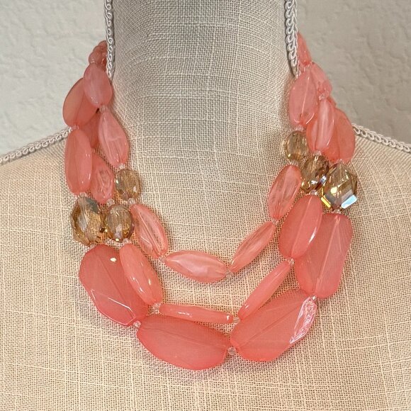 Salmon Pink Acrylic Bead 3 Strand Necklace - Picture 1 of 5
